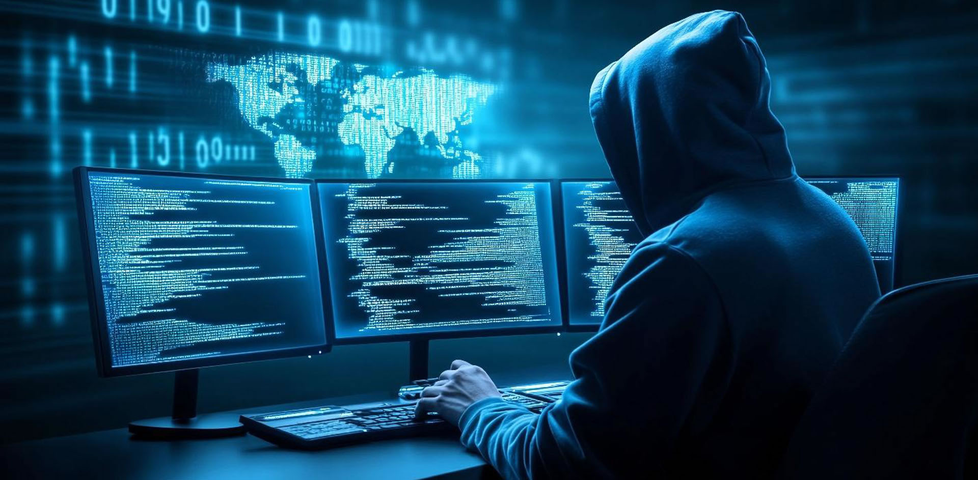 Hacker is sitting in front of his compute with 4 monitors